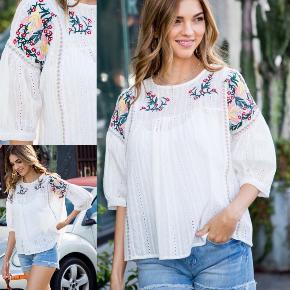 NWT Playful Embroidered Top-WHITE